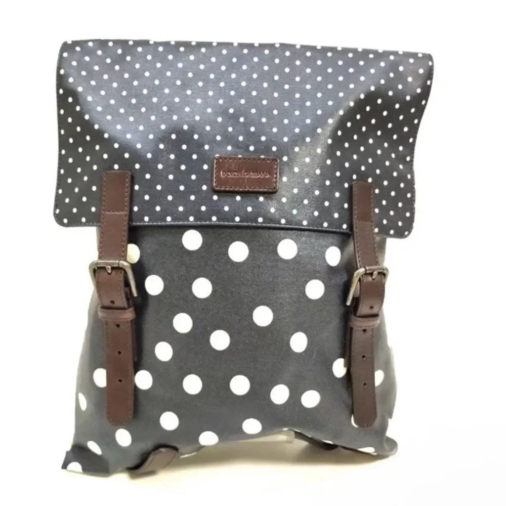 NWT Dolce & Gabbana Black & White Polka Dot Brown Leather Trim Backpack Napsack